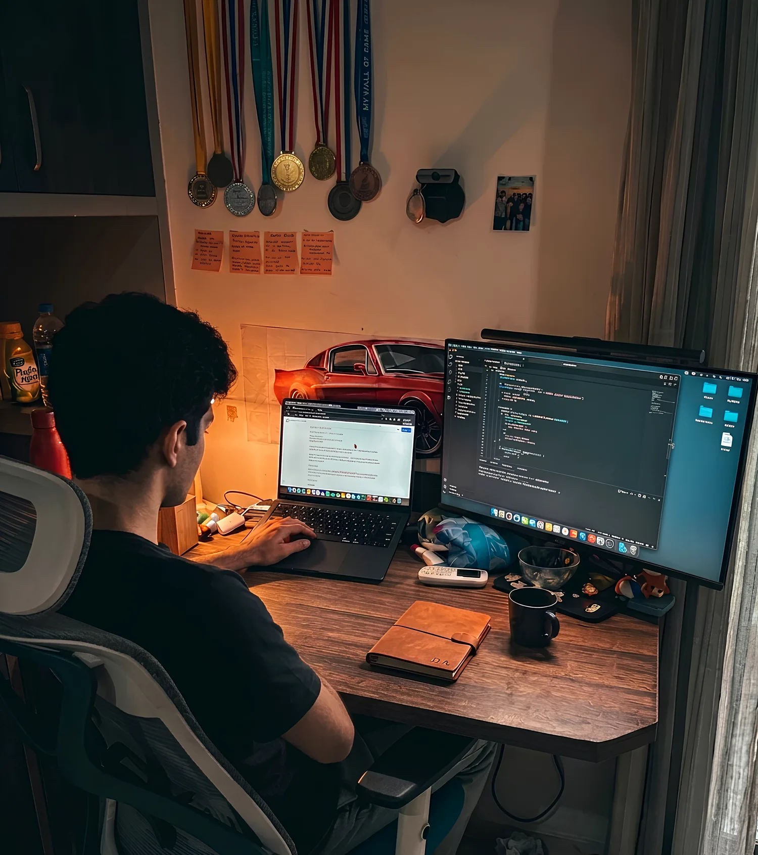 Dhruv at his desk late at night — two screens glowing, medals on the wall